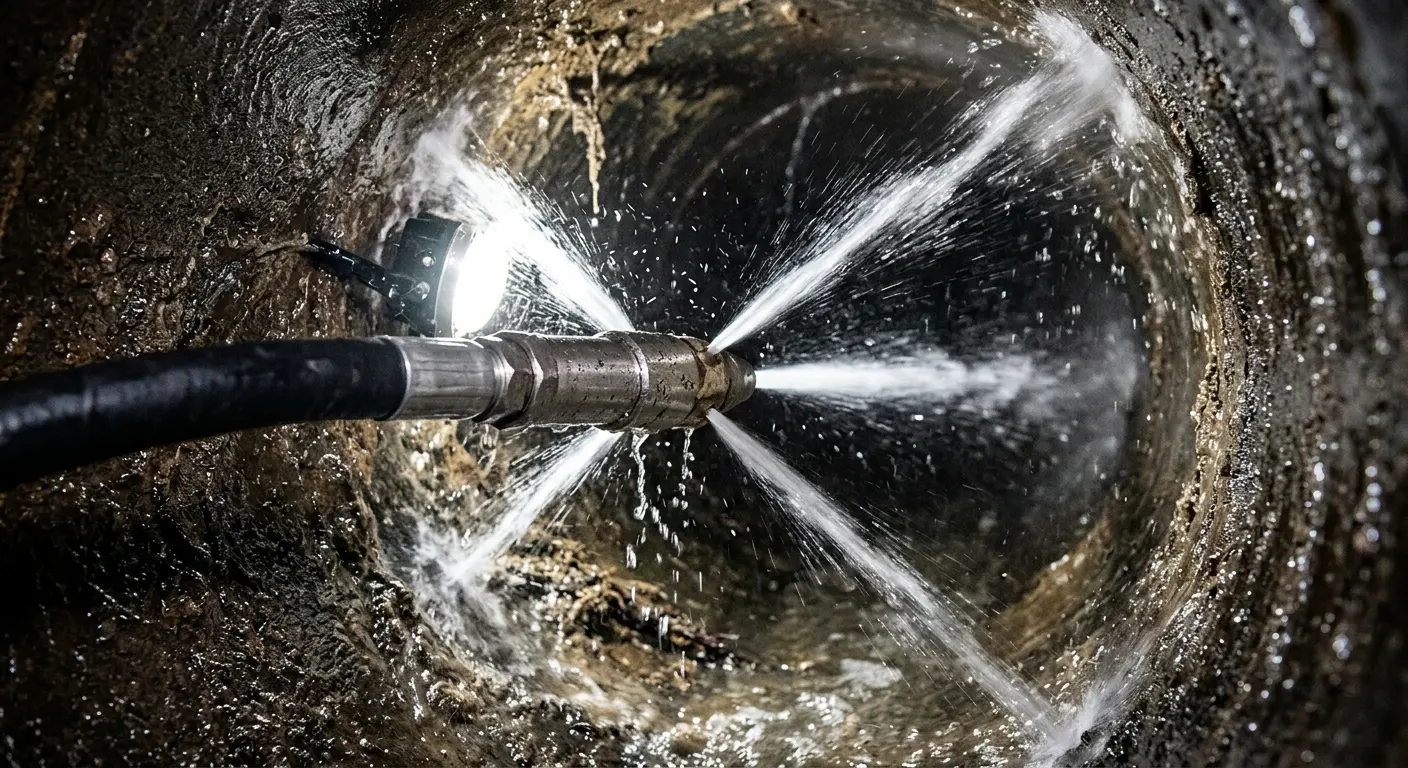 High-pressure hydro jetting nozzle cleaning sewer pipe for Trenchless Sewer Repair in Danville