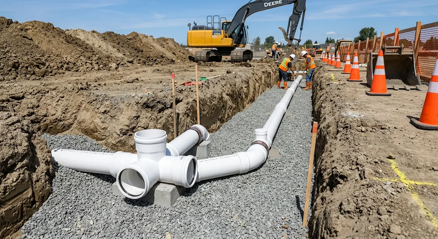 New PVC sewer pipe installation in open trench for Grease Trap Cleaning in Danville