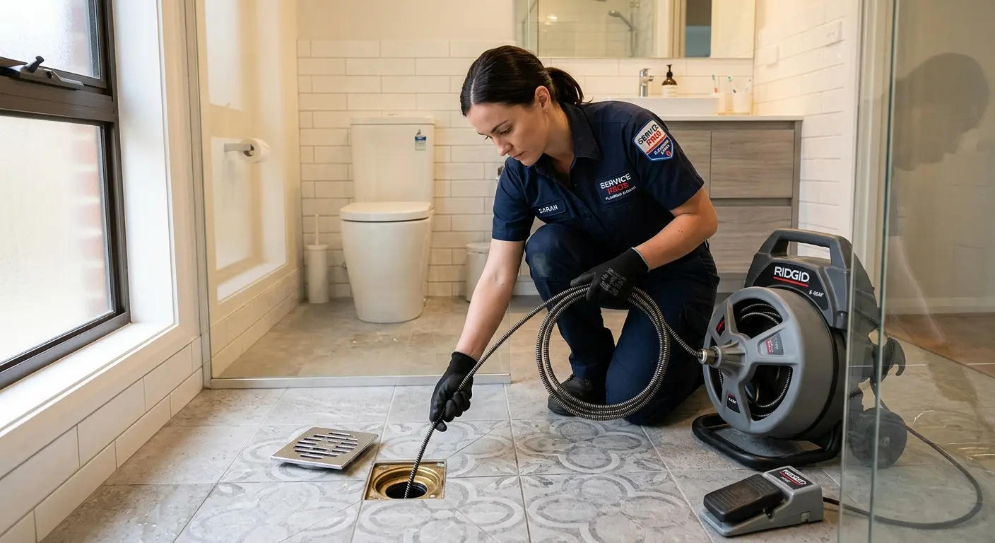 Technician clearing a bathroom floor drain for Clogged Drain Repair in Danville